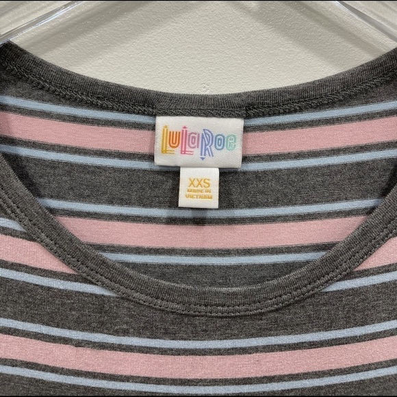 Lularoe Julia Stripe Short Sleeve Dress Pink Grey - Picture 3 of 5